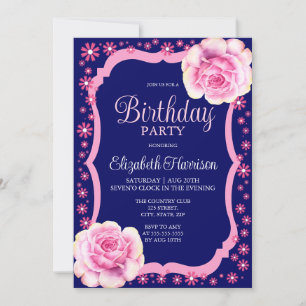 Elegant Pink Rose Floral Dark Blue Birthday Party Invitation
