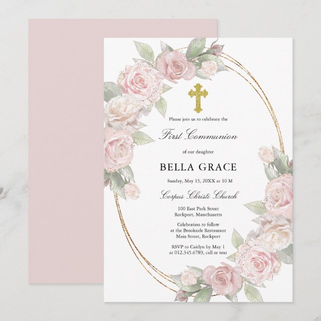 Elegant Pink Rose Floral First Communion Invitatio Invitation (Front/Back)