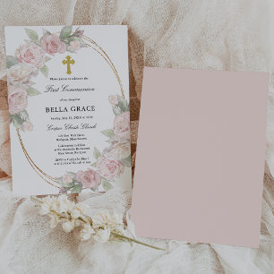 Elegant Pink Rose Floral First Communion Invitatio Invitation