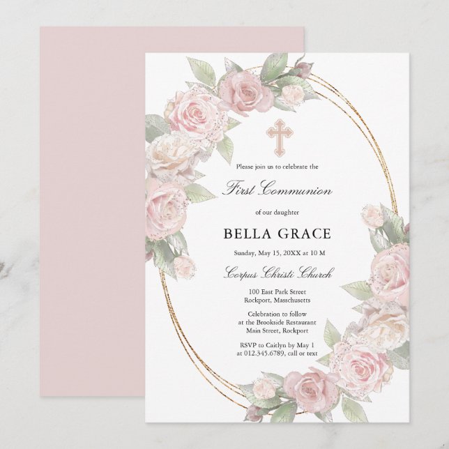 Elegant Pink Rose Floral First Communion Invitation (Front/Back)
