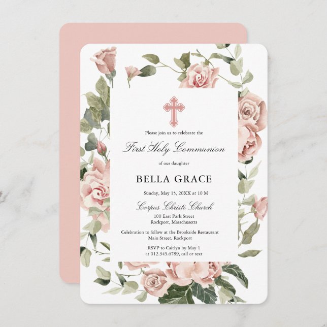 Elegant Pink Rose Floral First Holy Communion Invitation (Front/Back)