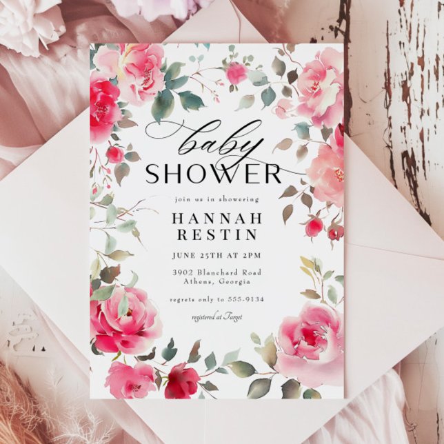 Elegant Pink Rose Floral Girl Baby Shower Invitation (Creator Uploaded)