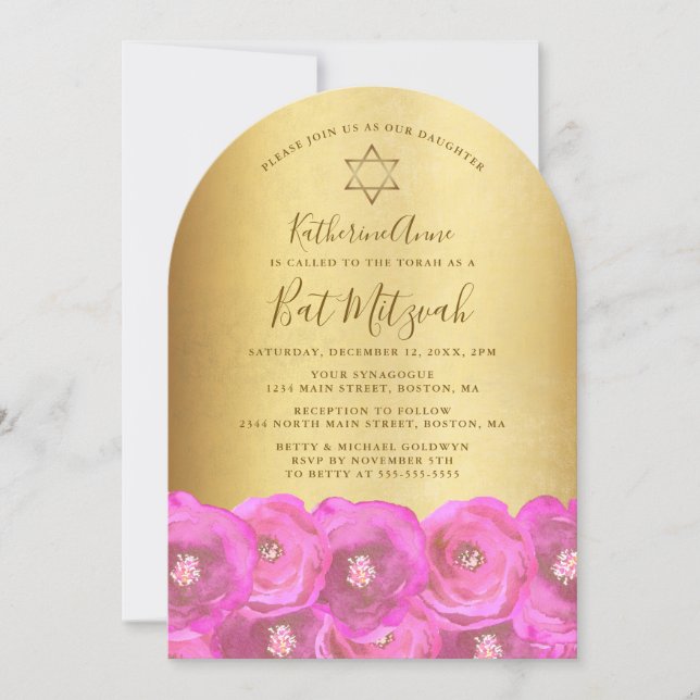 Elegant Pink Rose Floral Gold Bat Mitzvah Invitation (Front)