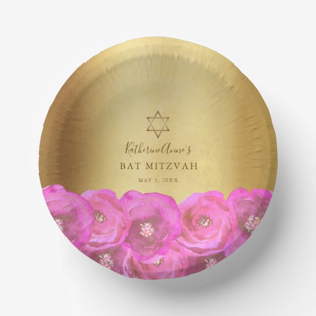 Elegant Pink Rose Floral Gold Bat Mitzvah Paper Plate (Front)