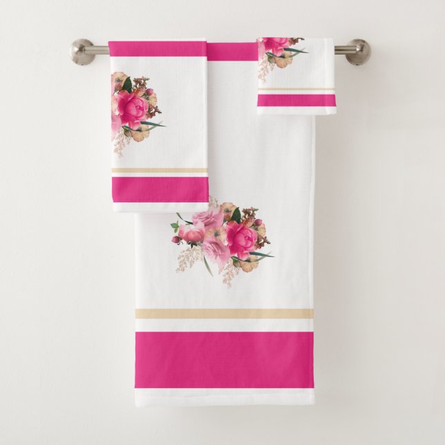 Elegant Pink Rose Floral Gold Bouquet Bath Towel Set (Insitu)