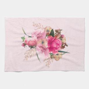 Elegant Pink Rose Floral Gold Bouquet Tea Towel