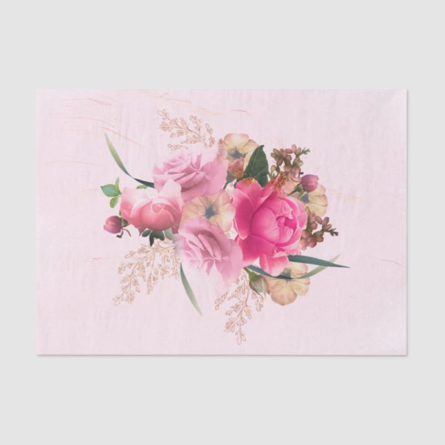 Elegant Pink Rose Floral Gold Bouquet Tissue Paper (Front)