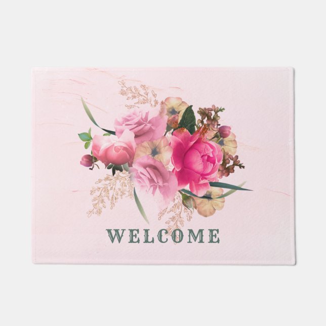 Elegant Pink Rose Floral Gold Bouquet Welcome Doormat (Front)