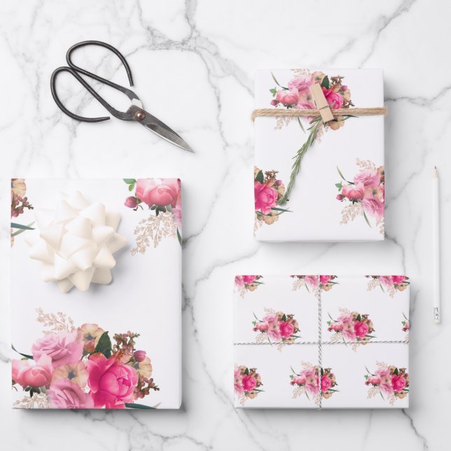 Elegant Pink Rose Floral Gold Bouquet Wrapping Paper Sheet (Front)