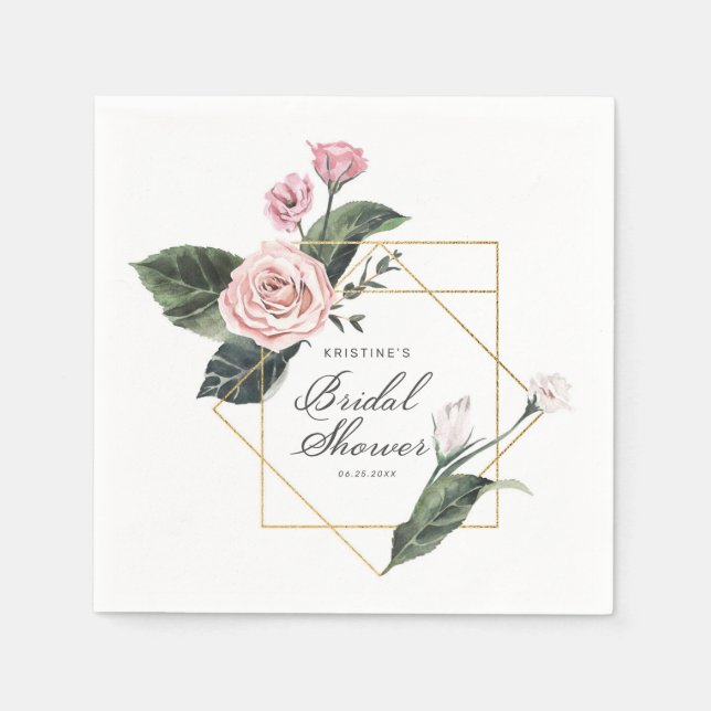 Elegant Pink Rose Floral Gold Frame Bridal Shower Napkin (Front)