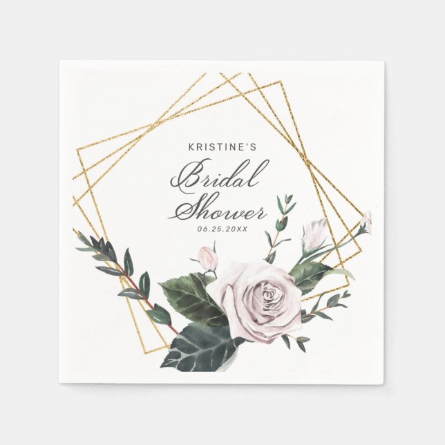 Elegant Pink Rose Floral Gold Frame Bridal Shower Napkin (Front)