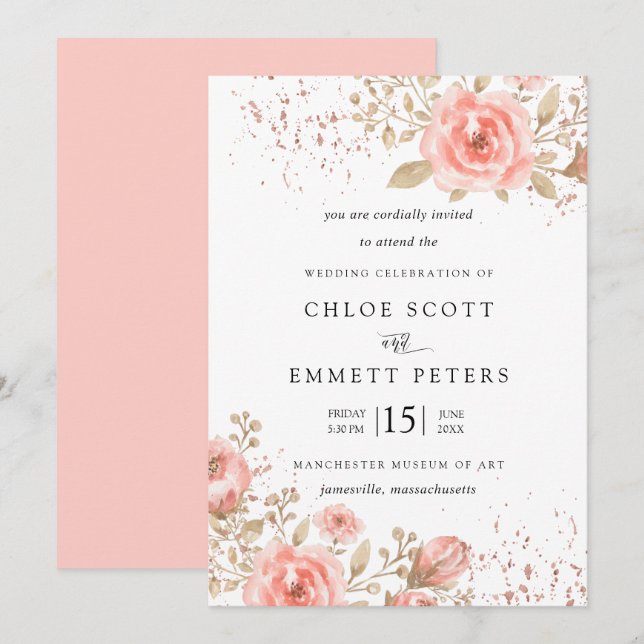 Elegant Pink Rose Floral Gold Leaves Invitation (Front/Back)