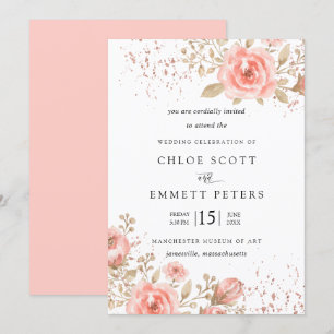 Elegant Pink Rose Floral Gold Leaves Invitation