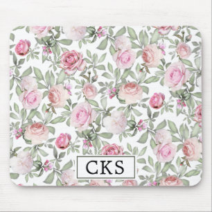 Elegant Pink Rose Floral Monogram Mouse Mat