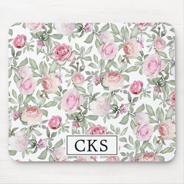 Elegant Pink Rose Floral Monogram Mouse Mat (Front)