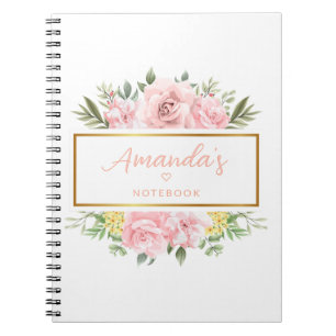 Elegant Pink Rose Floral Personalised Name Notebook