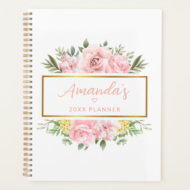 Elegant Pink Rose Floral Personalised Name Planner (Front)