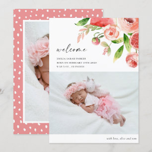 Elegant Pink Rose Floral Photo Baby Birth Announcement