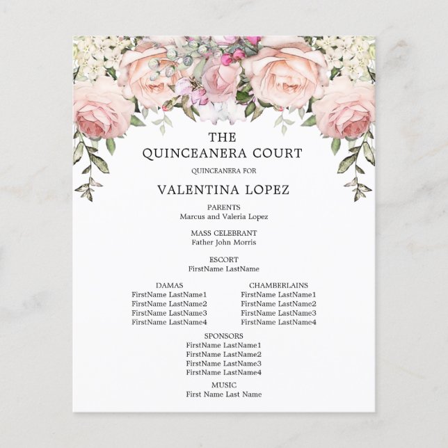 Elegant Pink Rose Floral Quinceanera Program (Front)