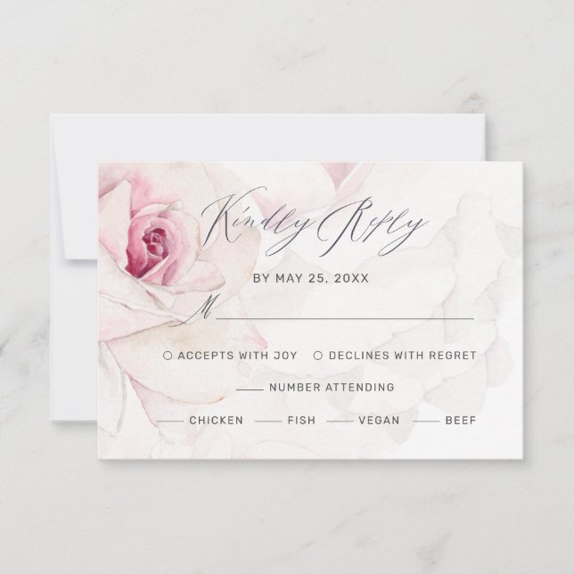 Elegant Pink Rose Floral Script Meals Wedding  RSVP Card (Front)