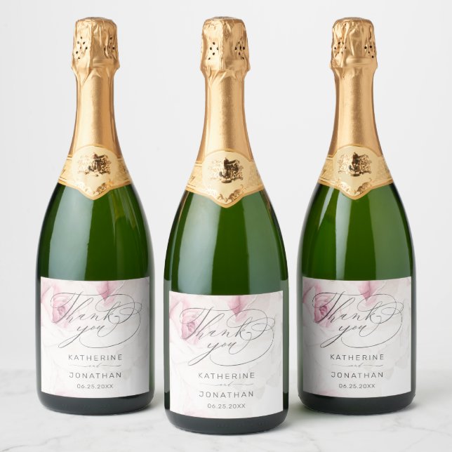 Elegant Pink Rose Floral Script Wedding Thank You Sparkling Wine Label (Bottles)