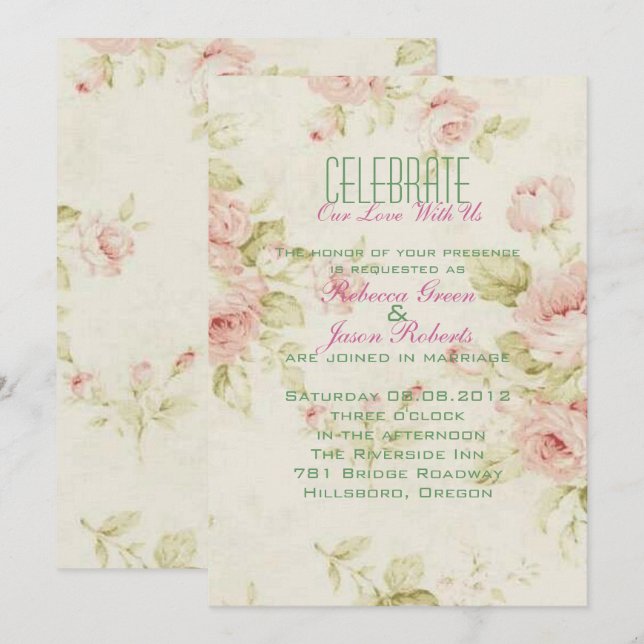 elegant Pink  rose Floral vintage  wedding invite (Front/Back)