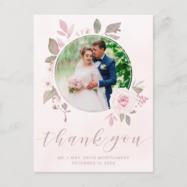 Elegant Pink Rose Floral Wedding Photo Thank You Postcard (Front)