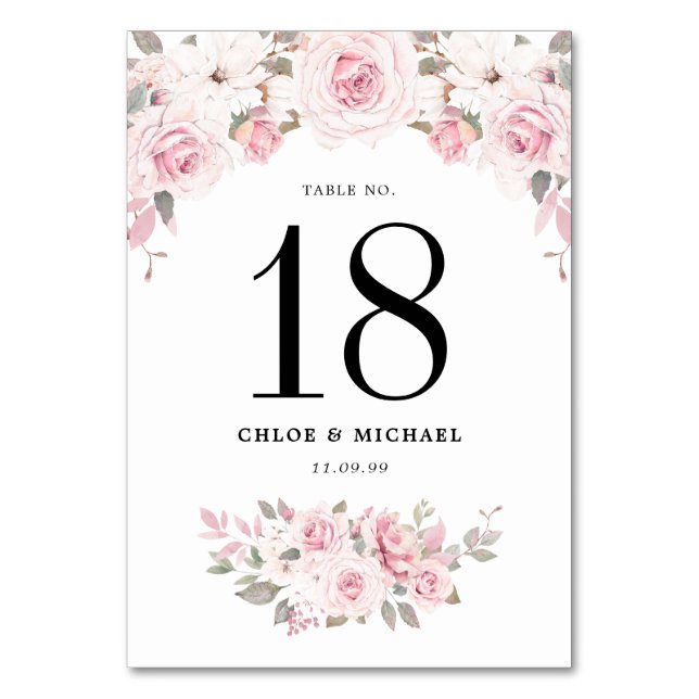 Elegant Pink Rose Floral Wedding  Table Number (Front)