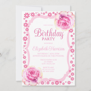 Elegant Pink Rose Floral White Birthday Party Invitation