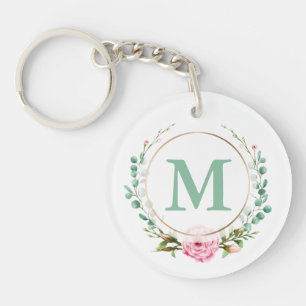 Elegant Pink Rose Floral Wreath Monogram Acrylic Key Ring