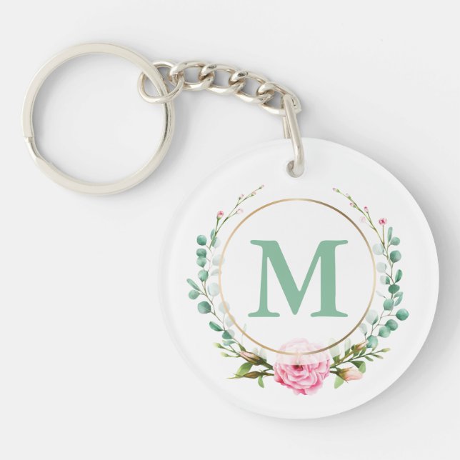 Elegant Pink Rose Floral Wreath Monogram Acrylic Key Ring (Front)