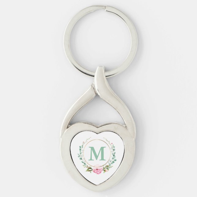Elegant Pink Rose Floral Wreath Plus Your Monogram Key Ring (Front)