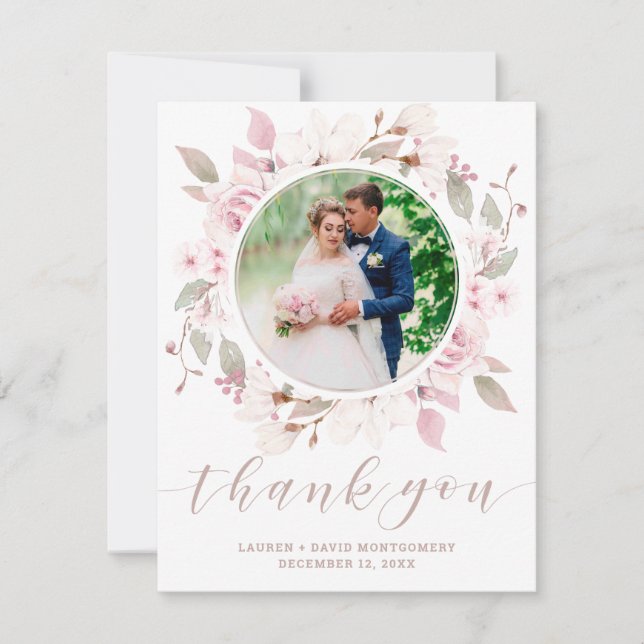 Elegant Pink Rose Floral Wreath Wedding Photo Thank You Card (Front)