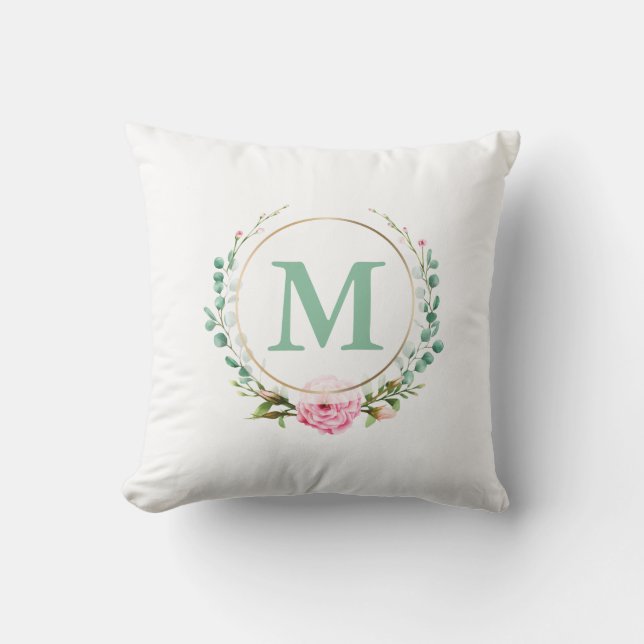 Elegant Pink Rose Floral Wreath with Your Monogram Cushion (Front)