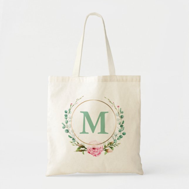 Elegant Pink Rose Floral Wreath Your Monogram Tote Bag (Front)