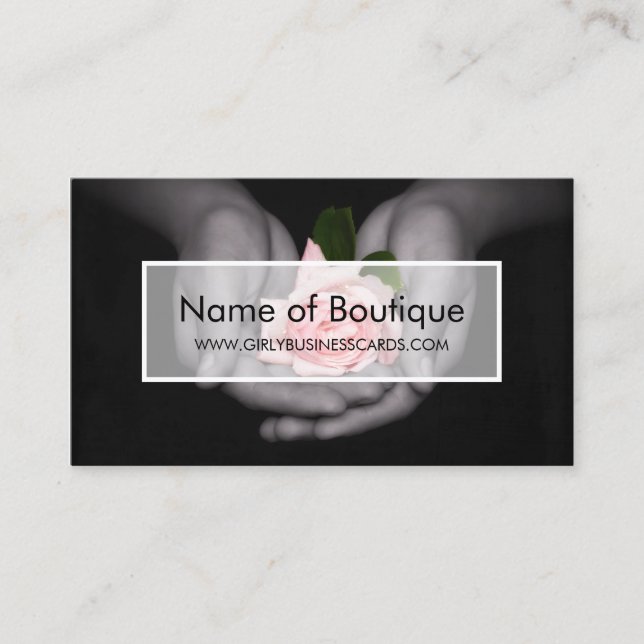 Elegant Pink Rose Flower In Hands Boutique Business Card (Front)