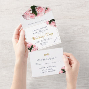 Elegant Pink Rose Flowers Floral Wedding All In One Invitation