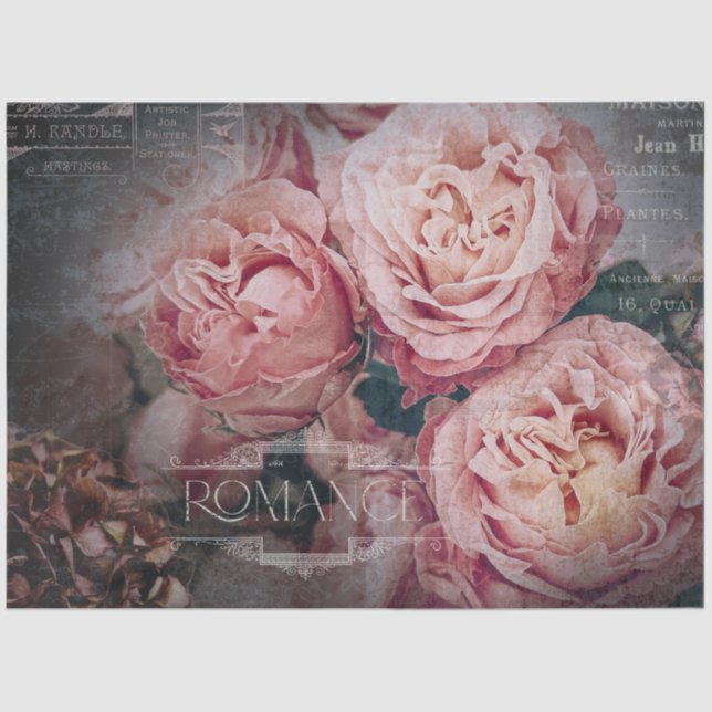 Elegant Pink Rose Flowers Moody Ephemera Decoupage Tissue Paper (Front)