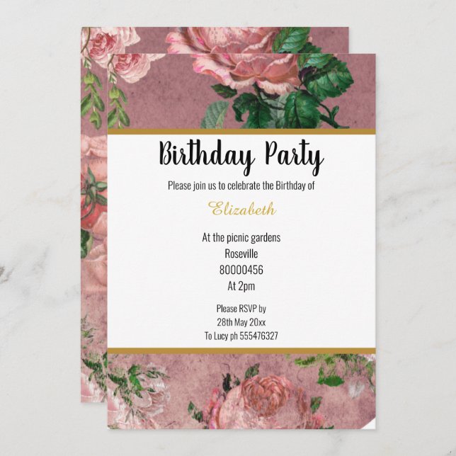 ELEGANT PINK ROSE GARDEN  FLORAL BIRTHDAY INVITATION (Front/Back)