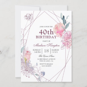 Elegant Pink Rose Geometric 40th Birthday Party Invitation