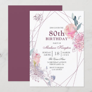 Elegant Pink Rose Geometric 80th Birthday Party Invitation
