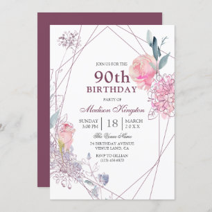Elegant Pink Rose Geometric 90th Birthday Party Invitation
