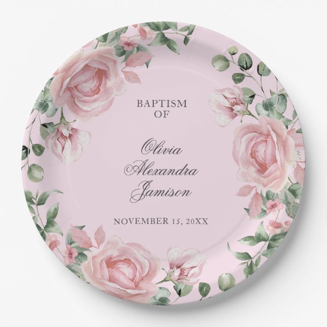 Elegant Pink Rose Girl's Baptism Paper Plate (Front)
