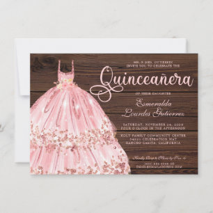 Elegant Pink Rose Glitter Wood Quinceañera Invitation