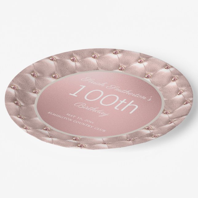 Elegant Pink Rose Gold 100th Birthday Paper Plate (Angled)
