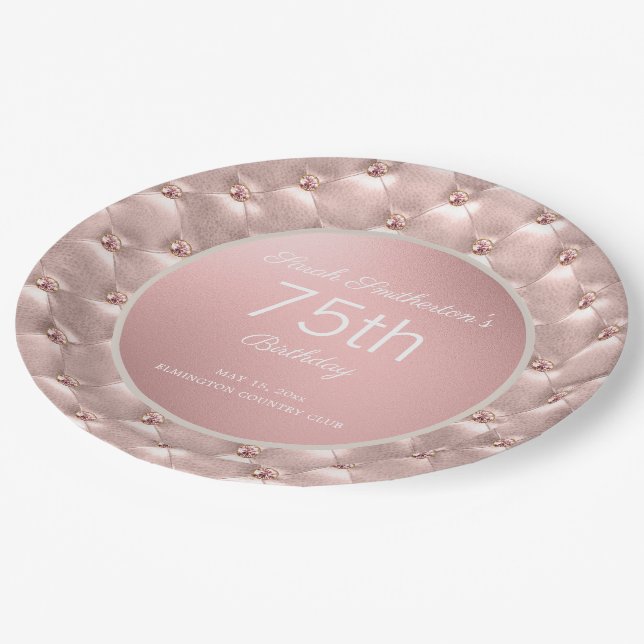 Elegant Pink Rose Gold 75th Birthday Paper Plate (Angled)