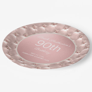 Elegant Pink Rose Gold 90th Birthday Paper Plate