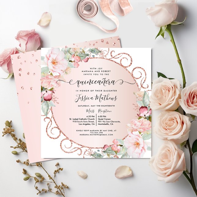 Elegant Pink, Rose Gold, Blush Floral Quinceanera Invitation (Creator Uploaded)