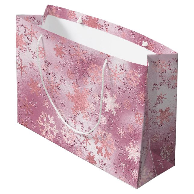 Elegant Pink Rose Gold Christmas Snowflake Pattern Large Gift Bag (Back Angled)