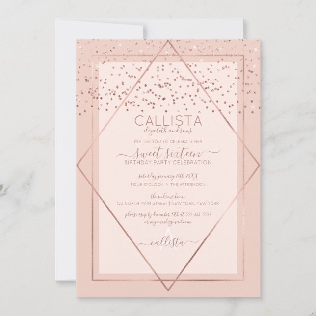 Elegant Pink Rose Gold Confetti Border Sweet 16 Invitation (Front)